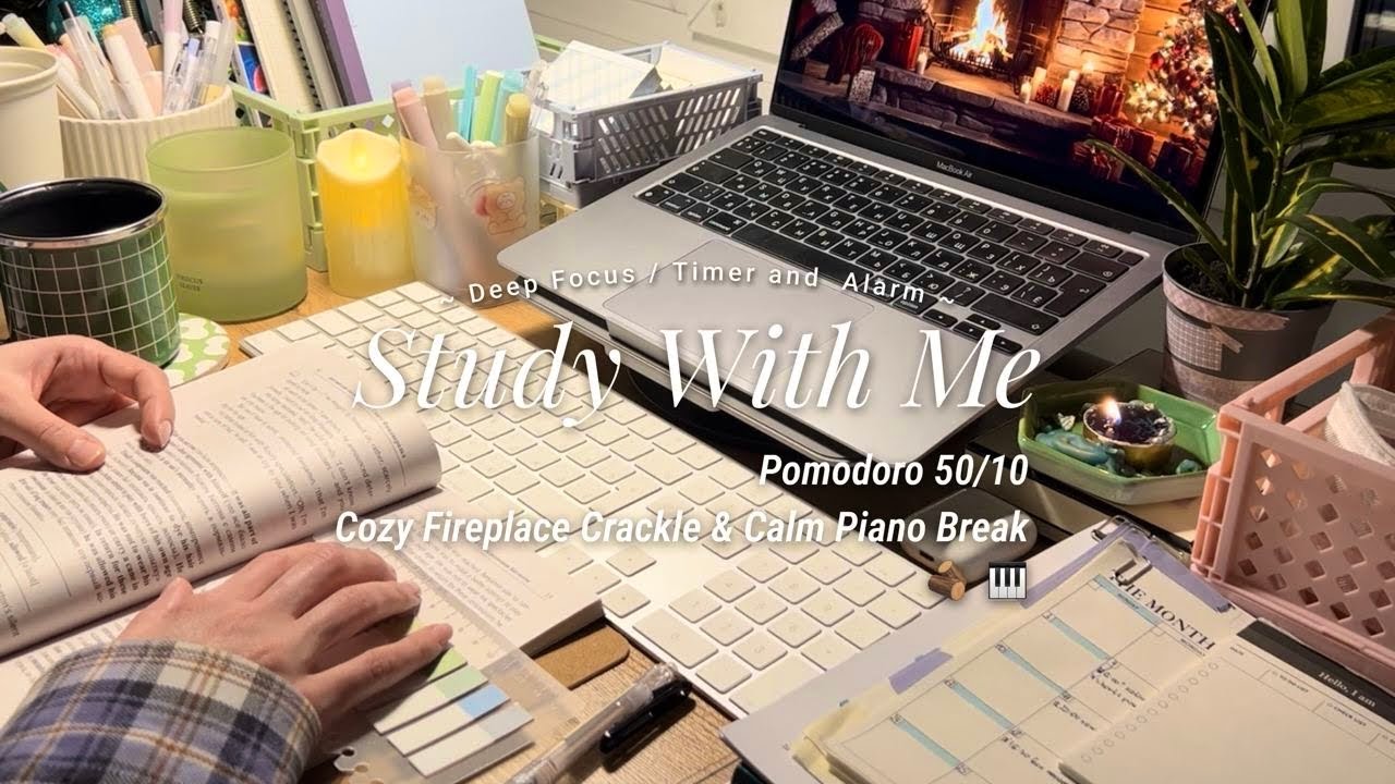 3-HR STUDY WITH ME [pomodoro 50/10] fireplace session & calm piano break / countdown & alarm