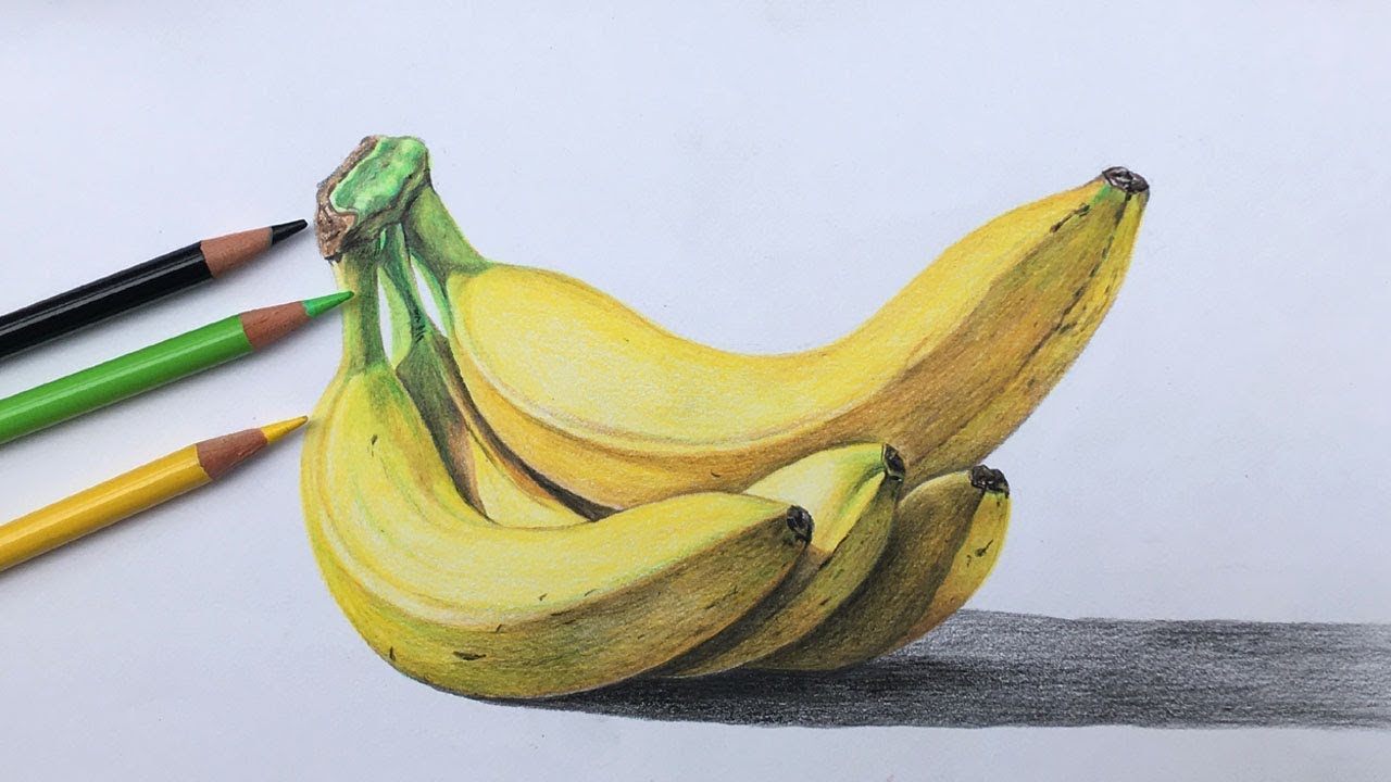 Bananas drawing in color pencils | realistic banana drawing |  fruit drawing
