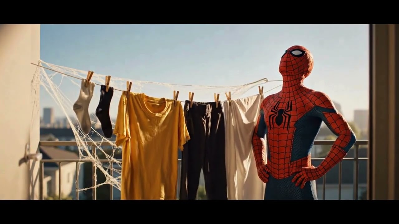 Spider-Man apne ghar ke kaam karta hua dikhaya gaya hai