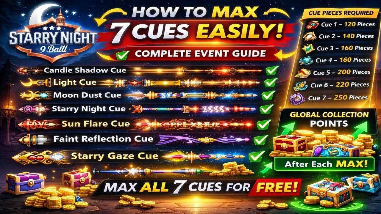 How To MAX All 7 Cues FREE! 🌙 Starry Night Event Full Guide | 8 Ball Pool