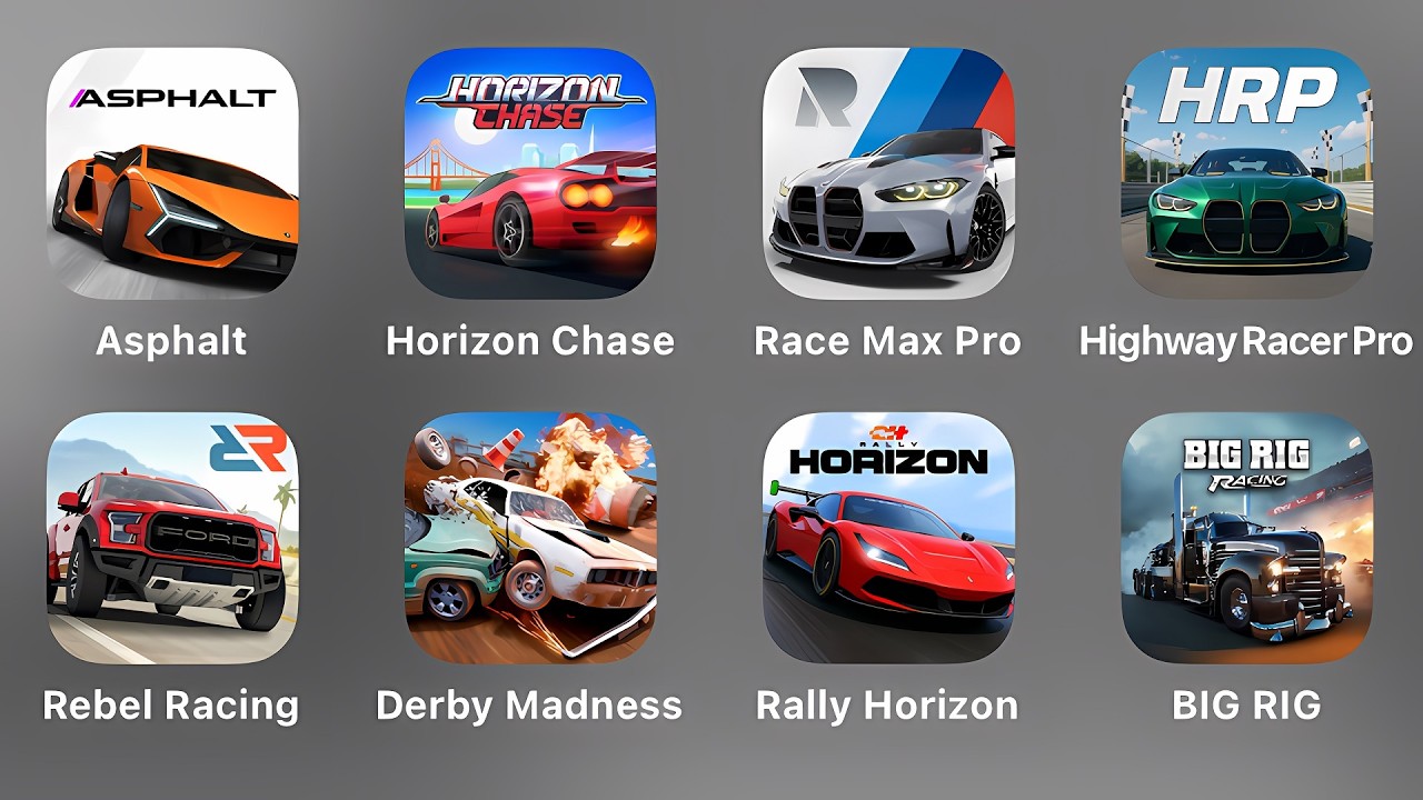 Asphalt Legends, Horizon Chase, Race Max Pro, Highway Racer Pro, Rebel Racing, Derby Madness, Rally