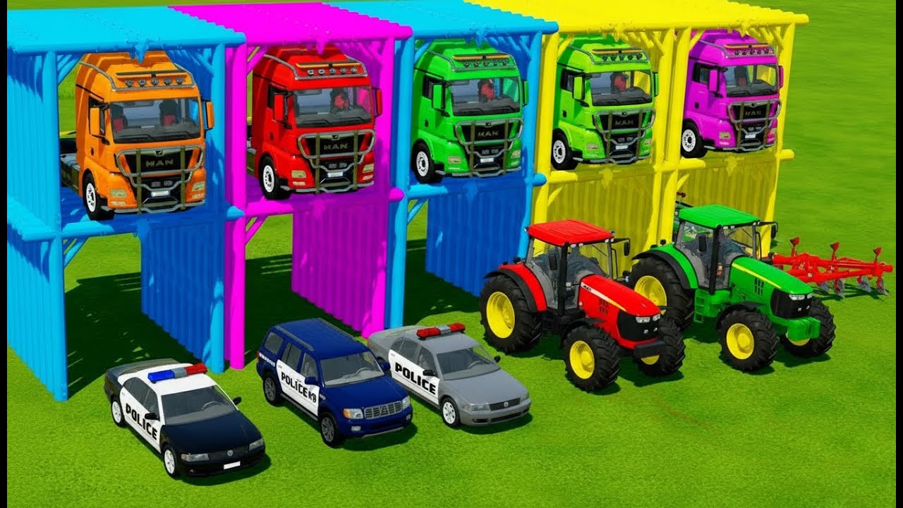 TRANSPORTING POLICE CARS, AMBULANCE, FIRE TRUCK, COLORFUL CARS WITH TRAIN -FARMING SIMULATOR 22!