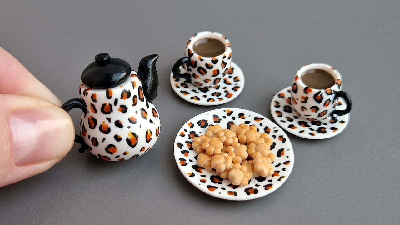 Miniature coffee set with Leopard print🐆🐾Polymer clay\DIY\Tutorial\Fimo