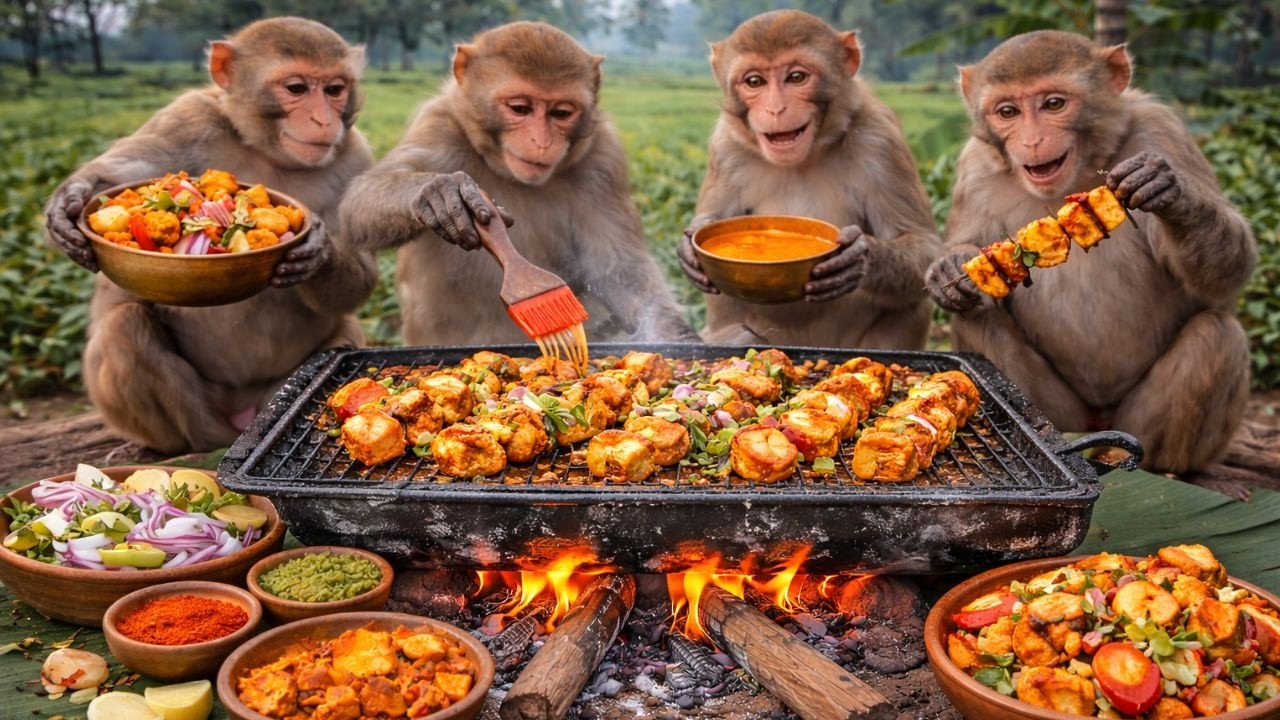 बंदरों ने मिलकर बनाया पनीर टिक्का 😱🔥  Monkeys Made Paneer Tikka Together