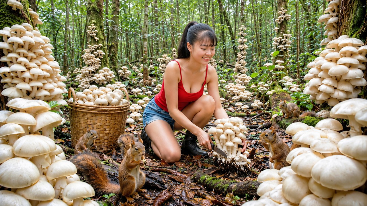 Harvesting Large Quantities of Wild Mushrooms to Sell at the Village Market