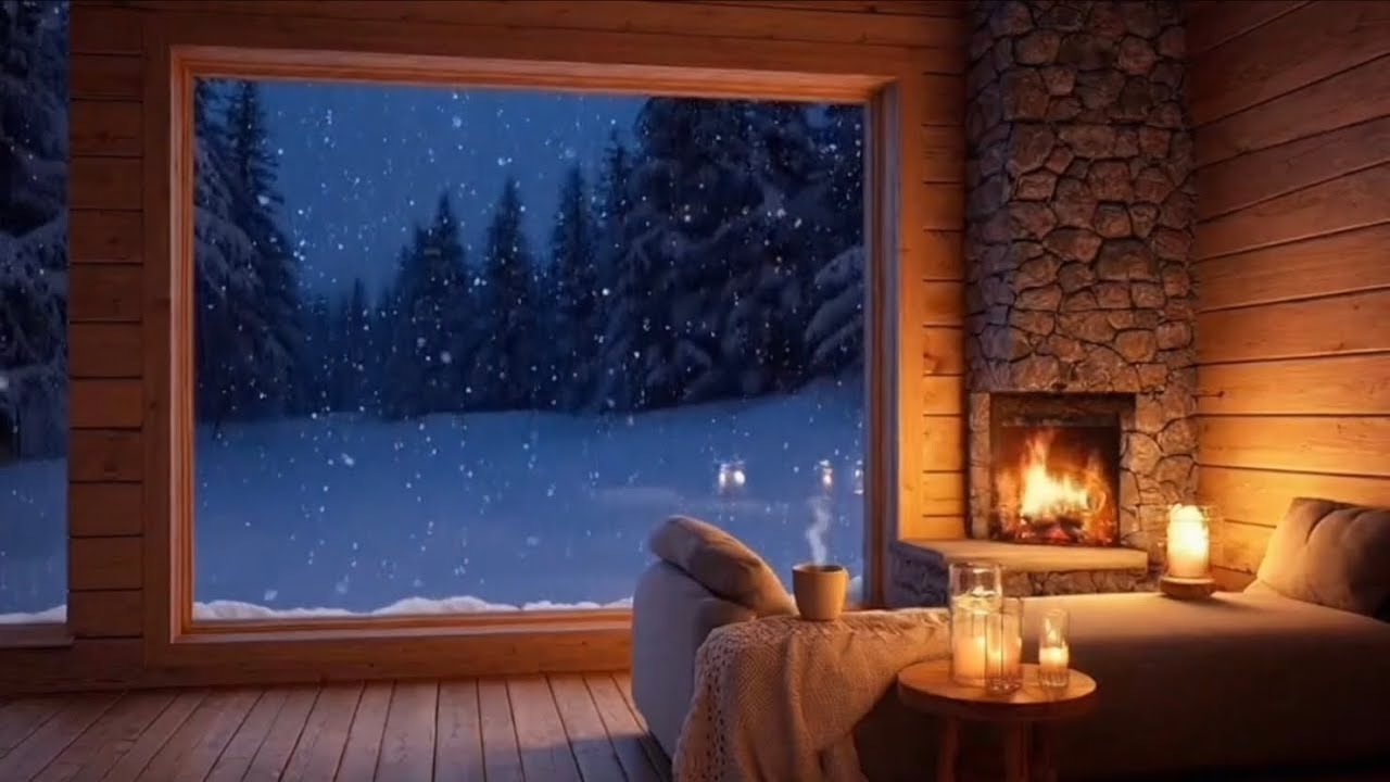 Snowfall & Soft Jazz 🎷 Fireplace Cabin Ambience for Relaxing, Studying & Sleeping 