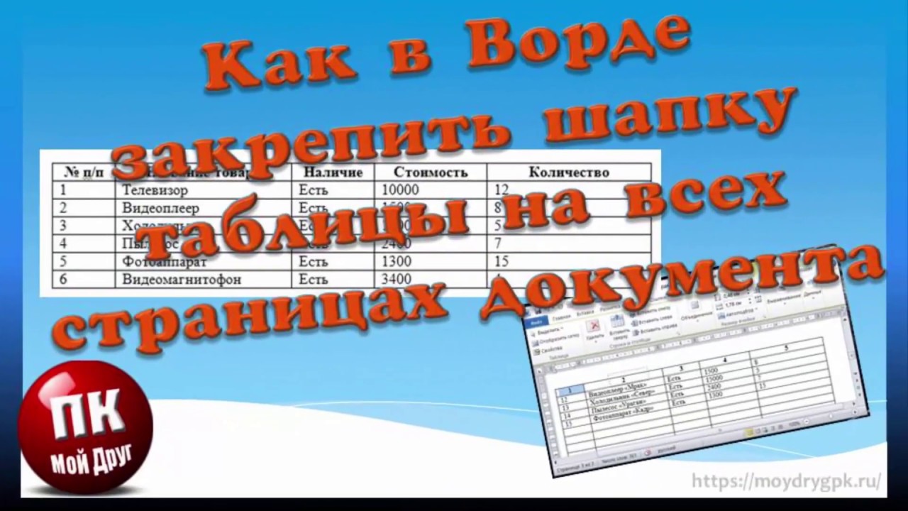 Как в ворде закрепить заголовок таблицы на всех страницах