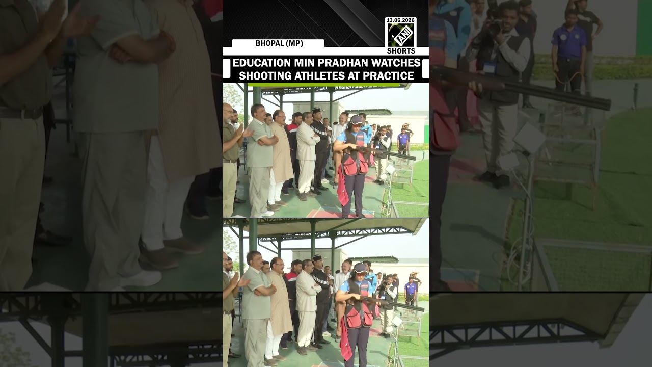 Education Min Dharmendra Pradhan watches shooting athletes at practice in MP state shooting academy