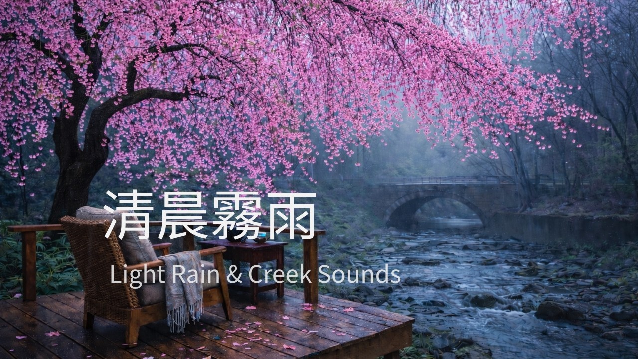 Cherry Blossom Creek Rain Sounds | Relaxing Spring Stream & Light Rain Ambience (1 Hours) | 櫻花溪畔清晨霧雨