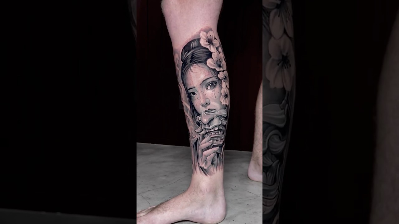 🐉 Japanese Lower Leg Sleeve Tattoo | Dragon & Geisha Blackwork 🐉