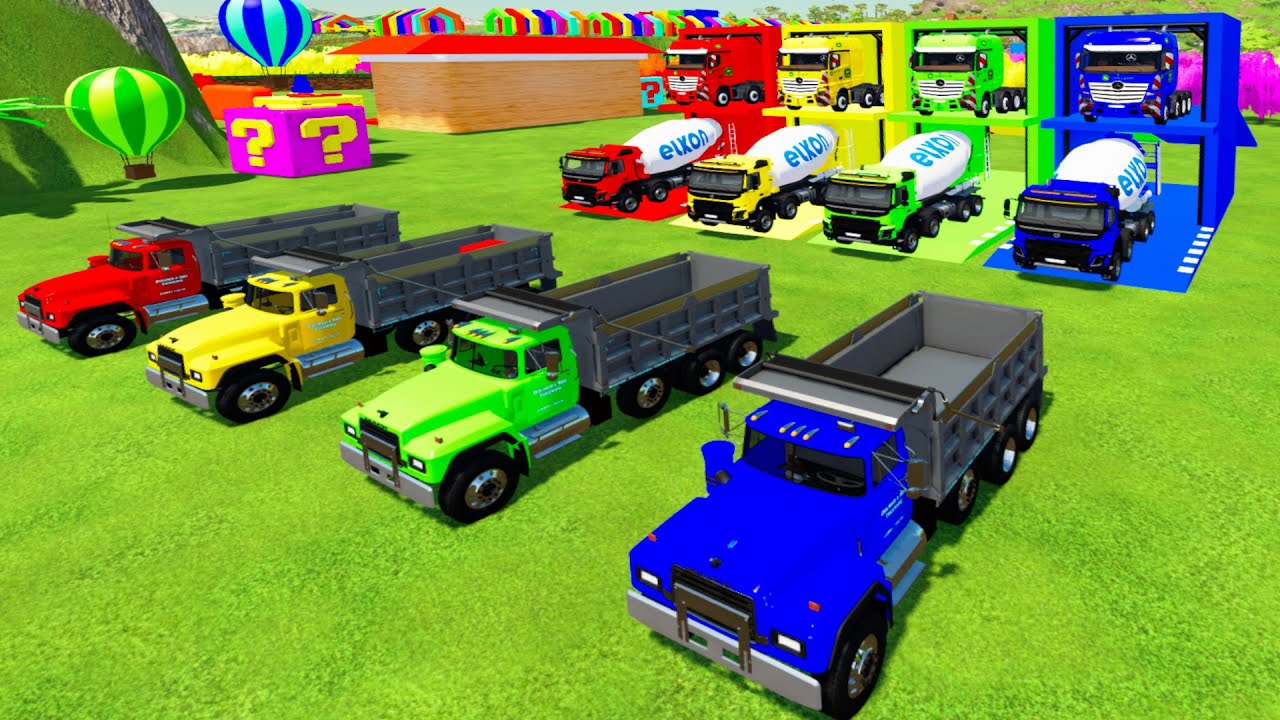 Colorful Garage With Color - ALL COLORFUL MACK DUMP TRUCK, VOLVO MIXER TRUCK TRANSPORTING WITH TRUCK