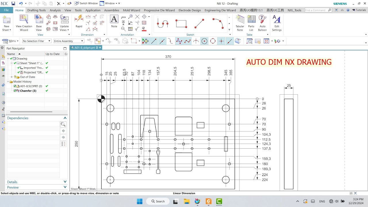 Ghi kích thước tự động xuất bản vẽ NX 2D Drafting / Create Ordinate Dimension automatically  .