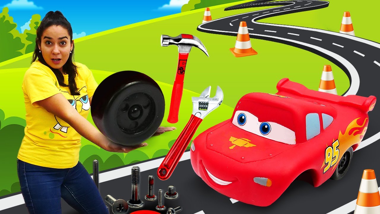 Lustige Schule für Kinder. Lightning McQueen in der Werkstatt. Spielzeug Video auf Deutsch