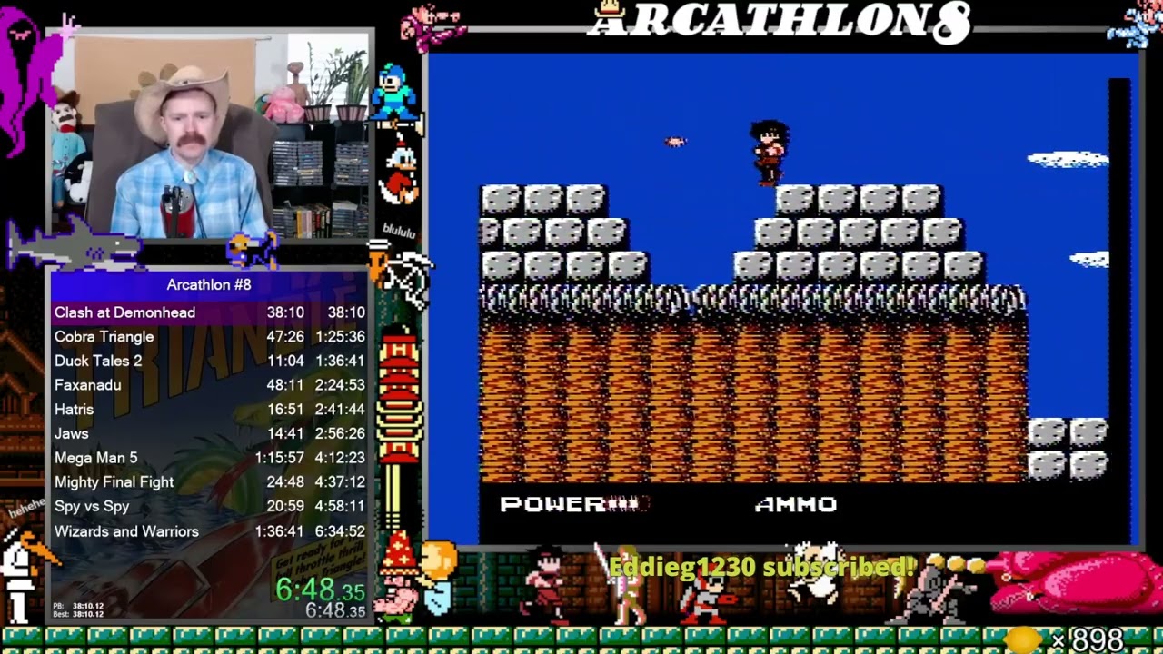 Arcathlon #8 speedrun in 4:08:02 (Cobra Triangle, Faxanadu, Jaws, Mega Man 5, Wizards and Warriors)