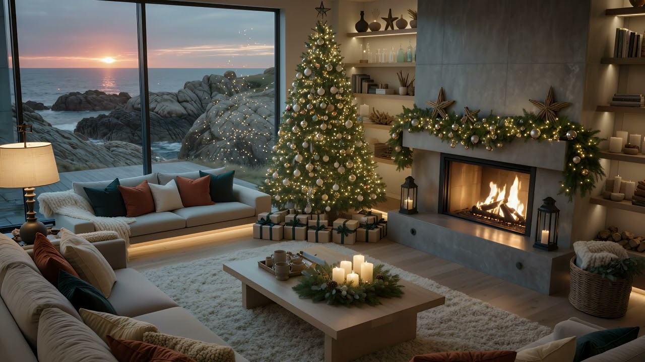Cozy Christmas Ocean Ambience  🌊🎄 | Peaceful Holiday Fireplace Ambience & Coastal Sunset