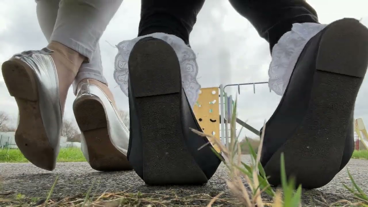 Under-bench perspective: Chelle's & Angelica's ballet flats, subtle footplay