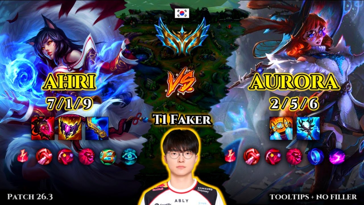 T1 Faker | Ahri MID vs Aurora | Patch 26.3 | 2026-02-14 | KR CHALLENGER