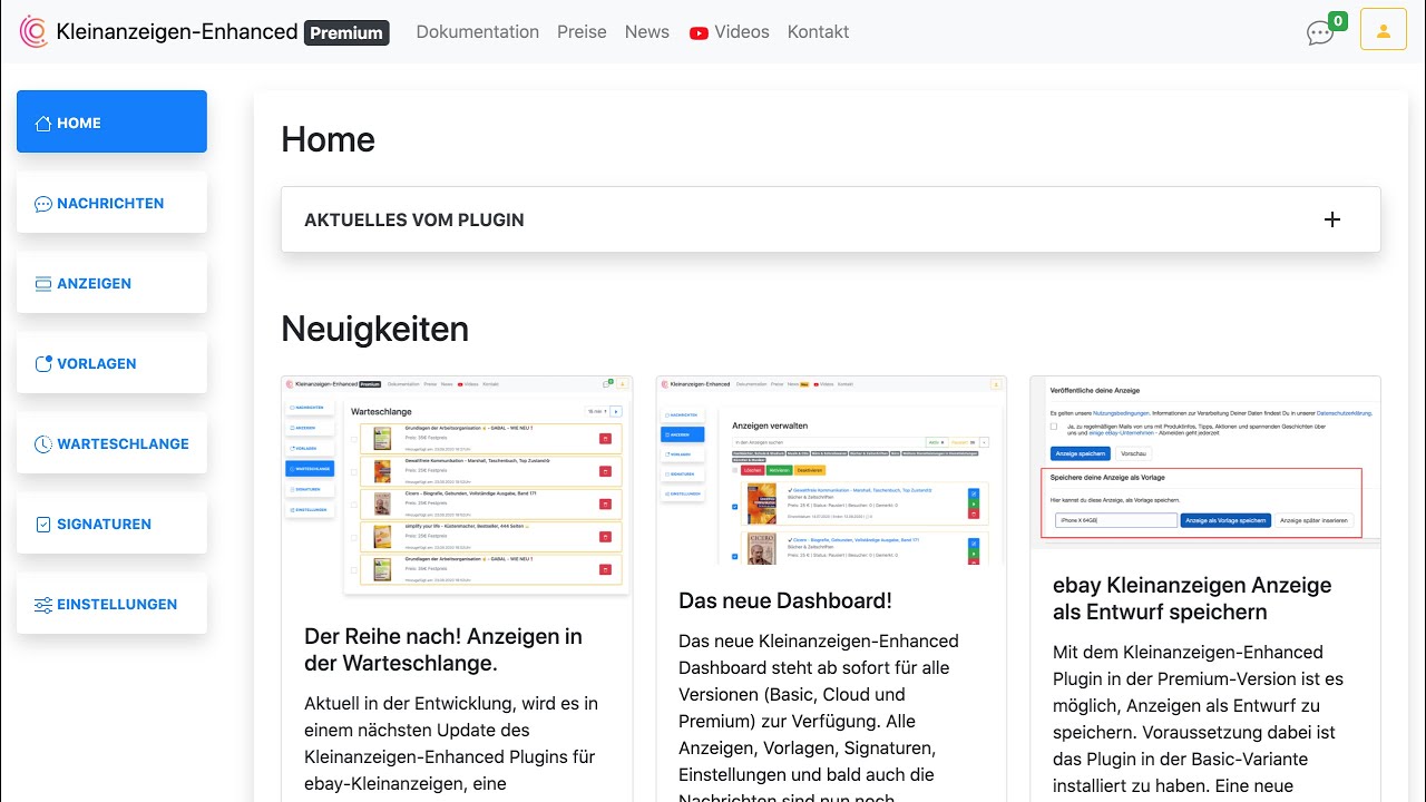 Kleinanzeigen-Enhanced Dashboard | Funktionsumfang | Vorlagen | Anzeigen | Nachrichten