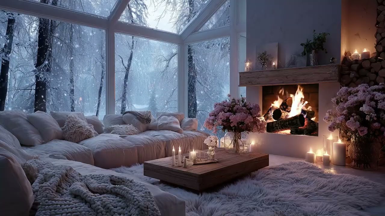 (No Ads) Warm Fireplace with Soft Winter Wind Ambience for Stress Relief