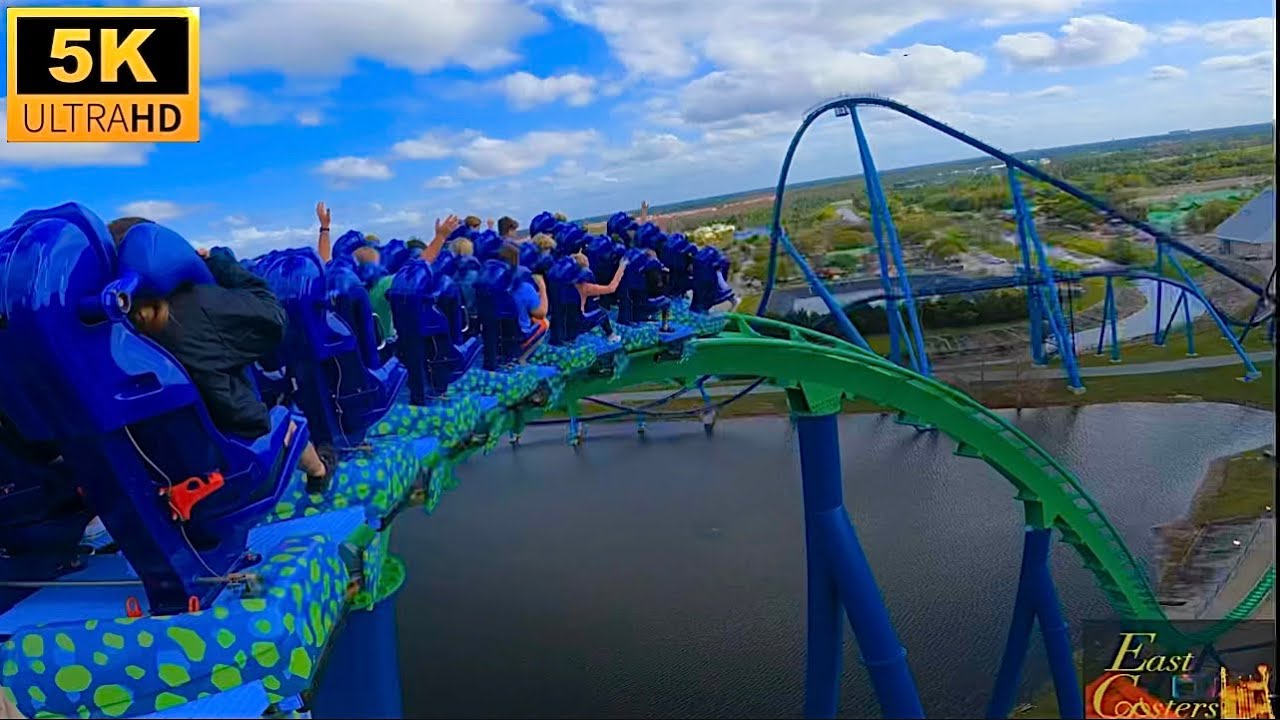 Kraken POV 5K Back Row New Train / Re-Paint B&M Floorless Coaster Seaworld Orlando, FL