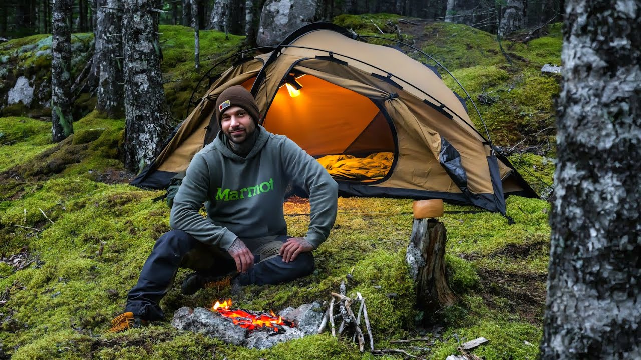 Camping In Rain With Canvas Tent Deep In Mossy Forest