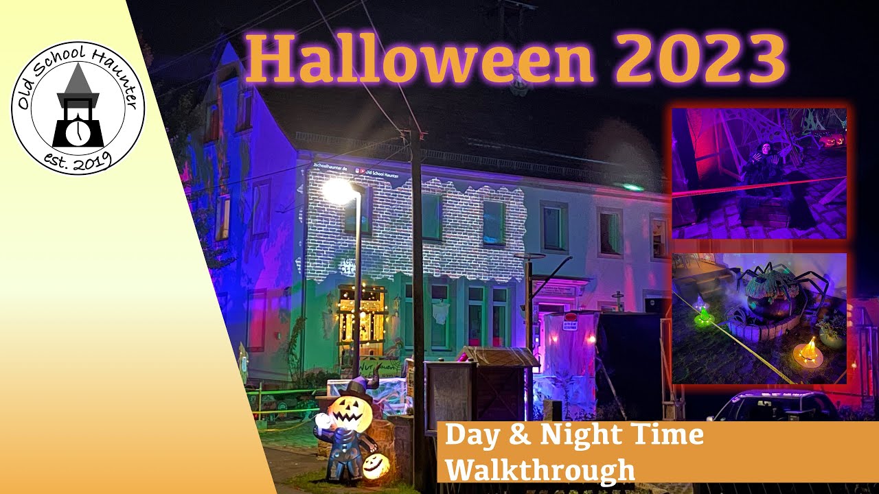 Halloween 2023 - Day and Night Time walkthrough of my Home Haunt  [AtmosFX Digital Projection EN]