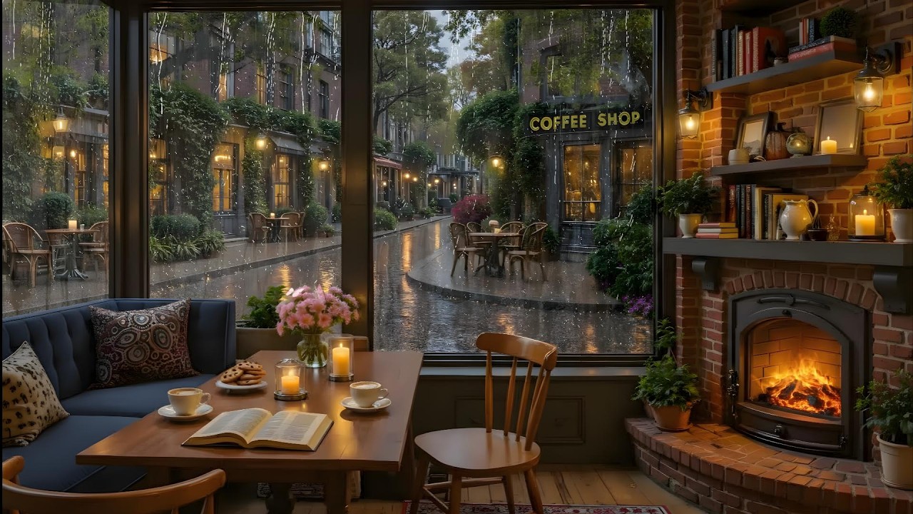 Spring Ambience ☕ Rainy Coffee Shop with Soft Piano Jazz Piano & Fireplace Sounds For Study, Work