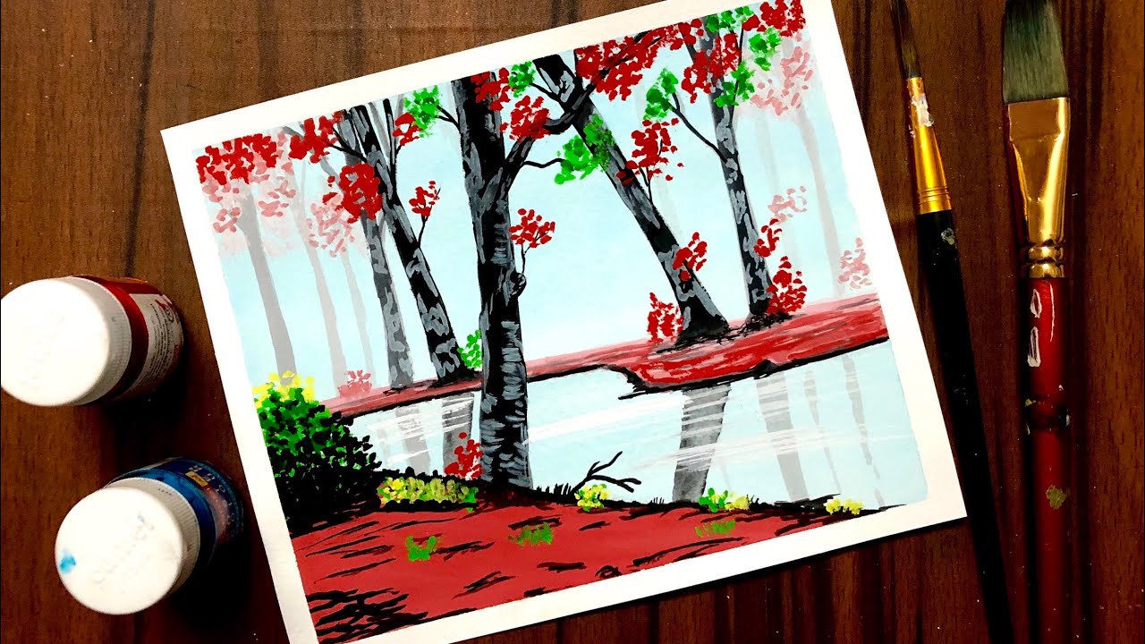 Poster Colour Painting of Autumn Season Scenery | Easy Painting Ideas | Poster Colour Painting