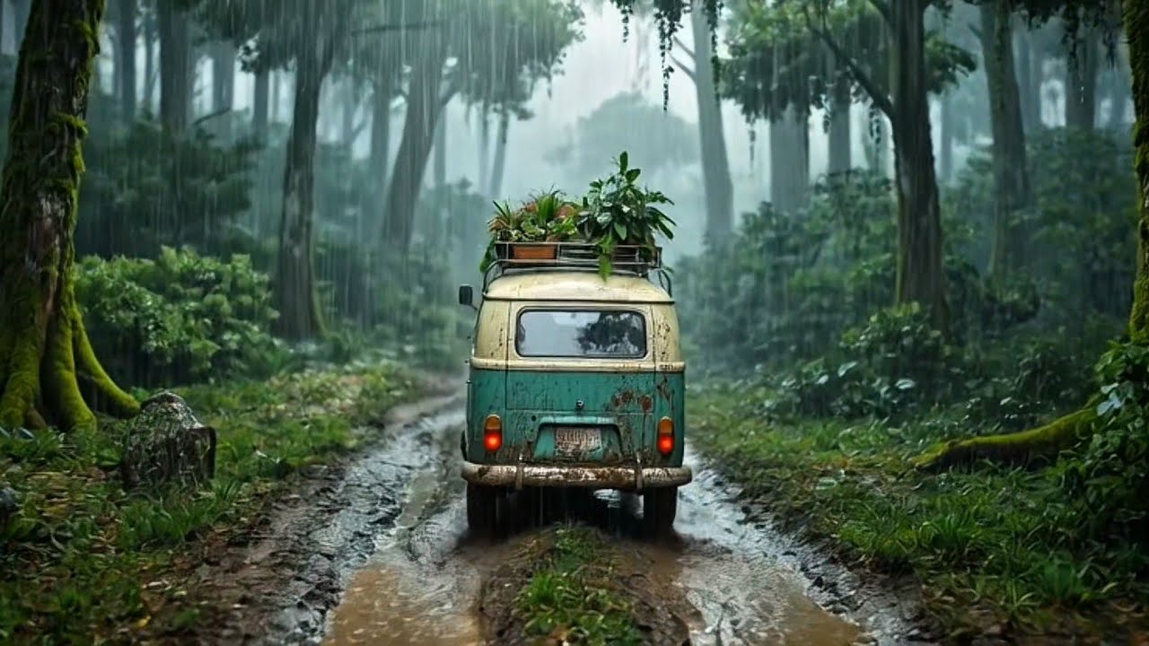 Winter Travel  In Van | Heavy Rain To Snow ASMR | Ghibli Mountains Road Trip