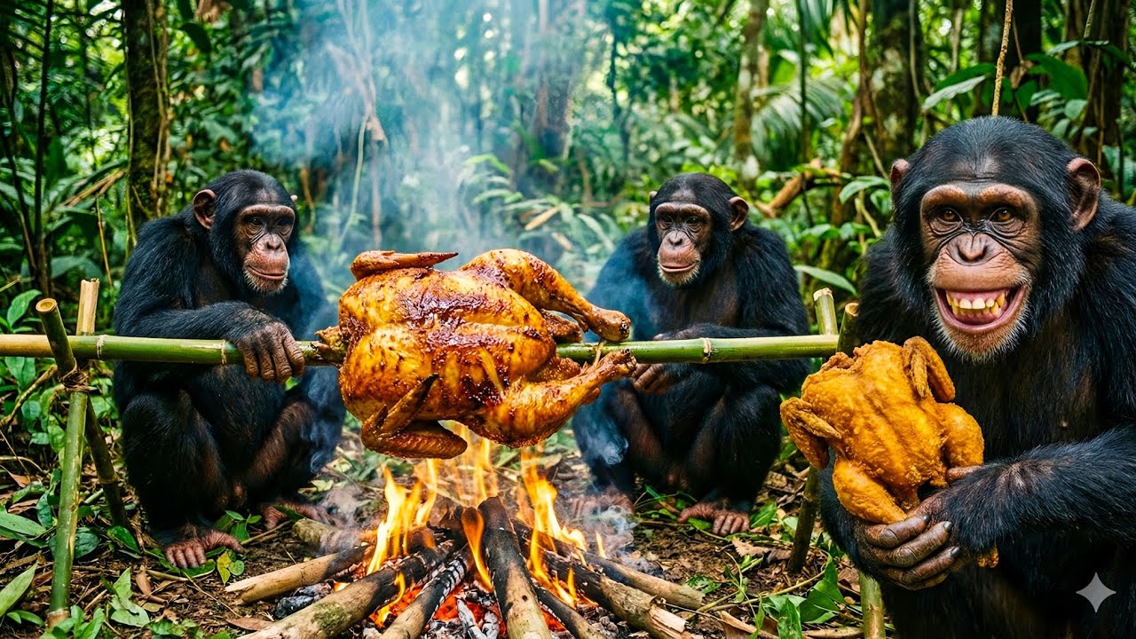 3 Chimpanzees Cooking Whole Chicken BBQ in Jungle | Ultra Realistic Grill Cooking 