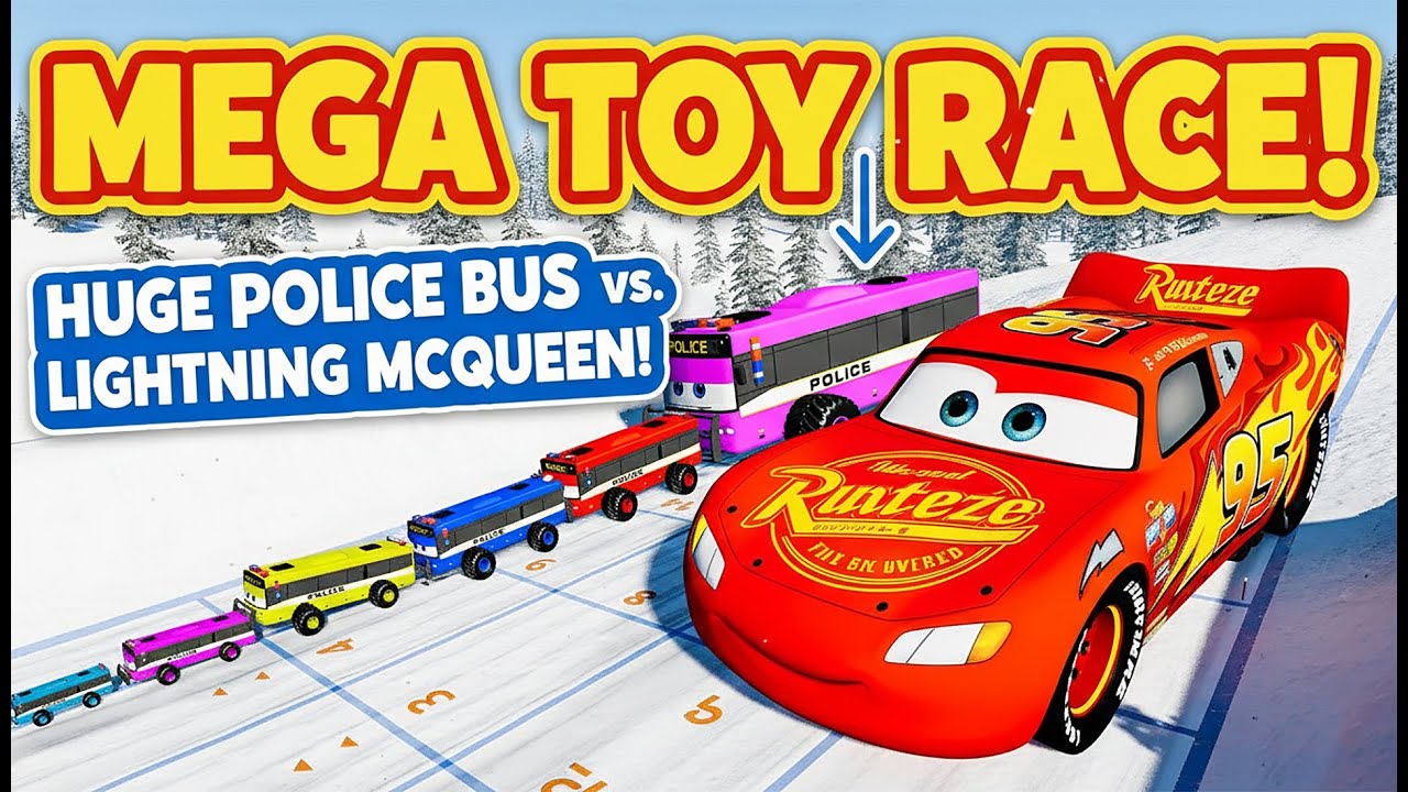 Big & Small McQueen &  Big & Small  Police Bus,(Winter map) Giant Pit & Downhill Race – BeamNG.drive
