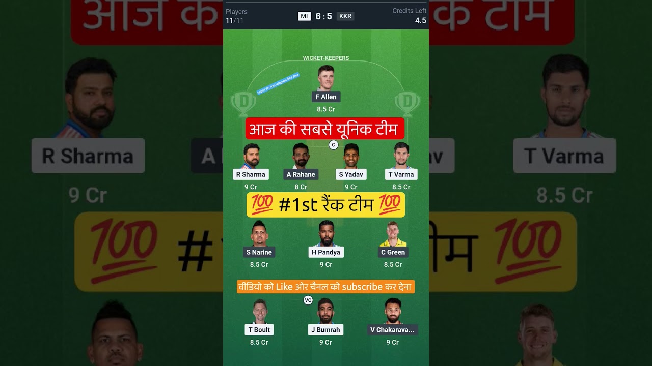 MI VS KKR T20 Dream11 Prediction | MI VS KKR Dream11 Team Of Today Match | MI VS KKR dream11