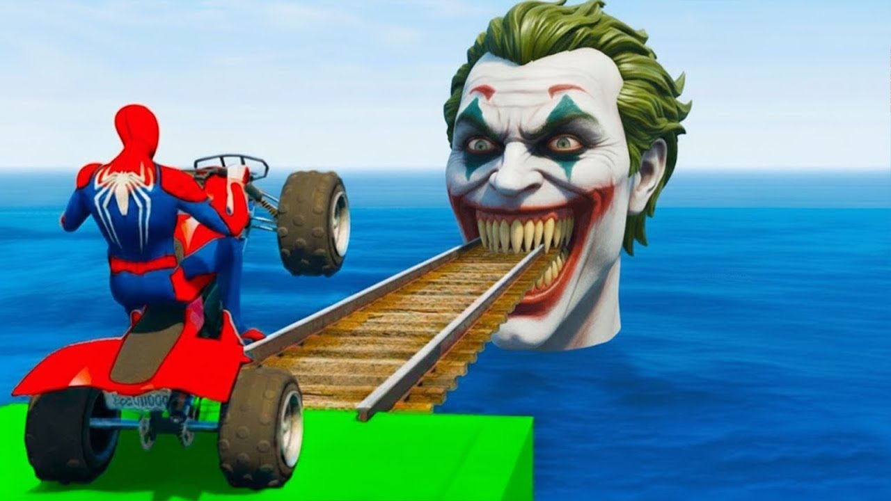 سبايدر مان اصعب دراجة نارية فوق اسماك القرش - Superheroes Ride on Motorcycle Stunt Funny Moments??