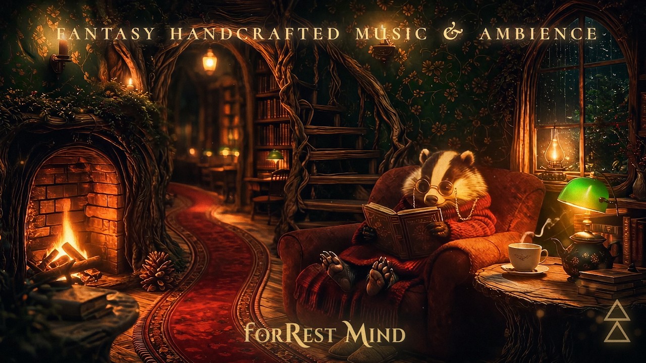 🌿📜 The Archivist Badger Reads by the Fire &bull; Rain on Glass & Soft Fantasy Ambience
