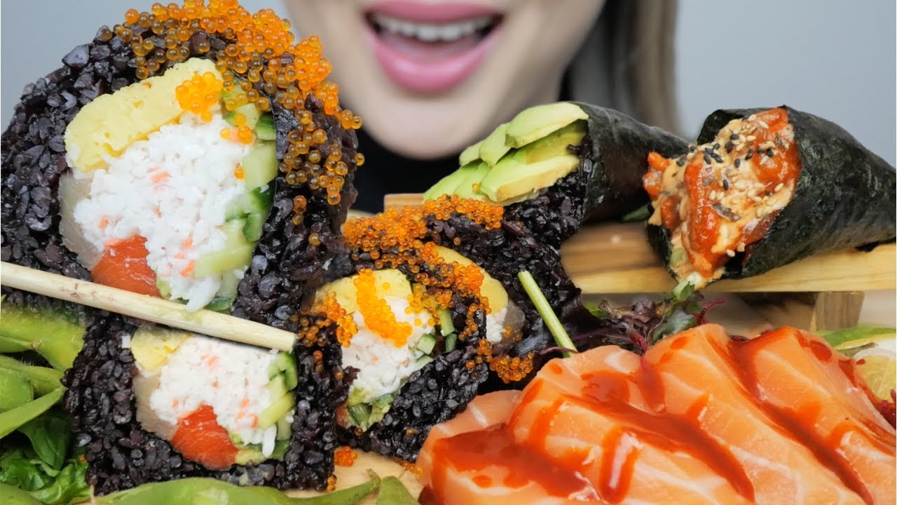 ASMR BLACK RICE SUSHI *Jumbo House Roll, Spicy Salmon Sashimi with SUSHI CONES No Talking Food Sound