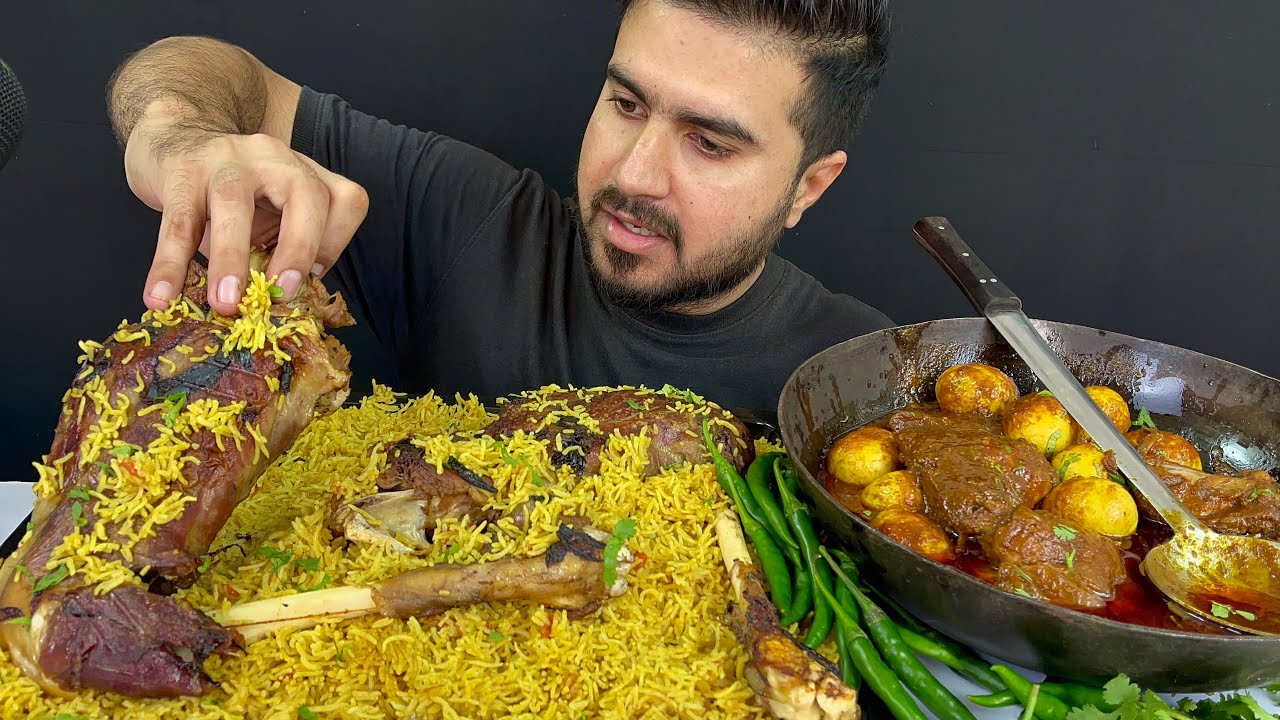 ASMR; Eating Spicy Mutton Legs Biryani+Spicy & Huge Chicken & Eggs Curry || Real Mukbang(No Talking)