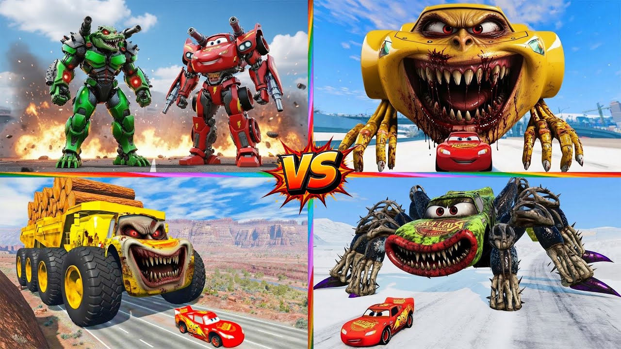 McQueen vs GIANT LOG TRUCK TITANS 🏗️SCHOOL BUS 🆚 McQueen Car 🆚 Crocodile Truck! 🎶 Coffin Dance Song