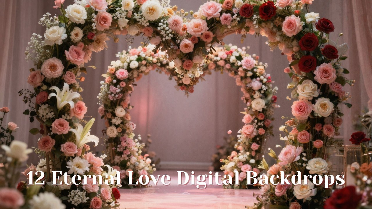 12 Eternal Love Wedding Backdrops PNG | Romantic Heart Rose Arch Backgrounds for Bridal, Engagement