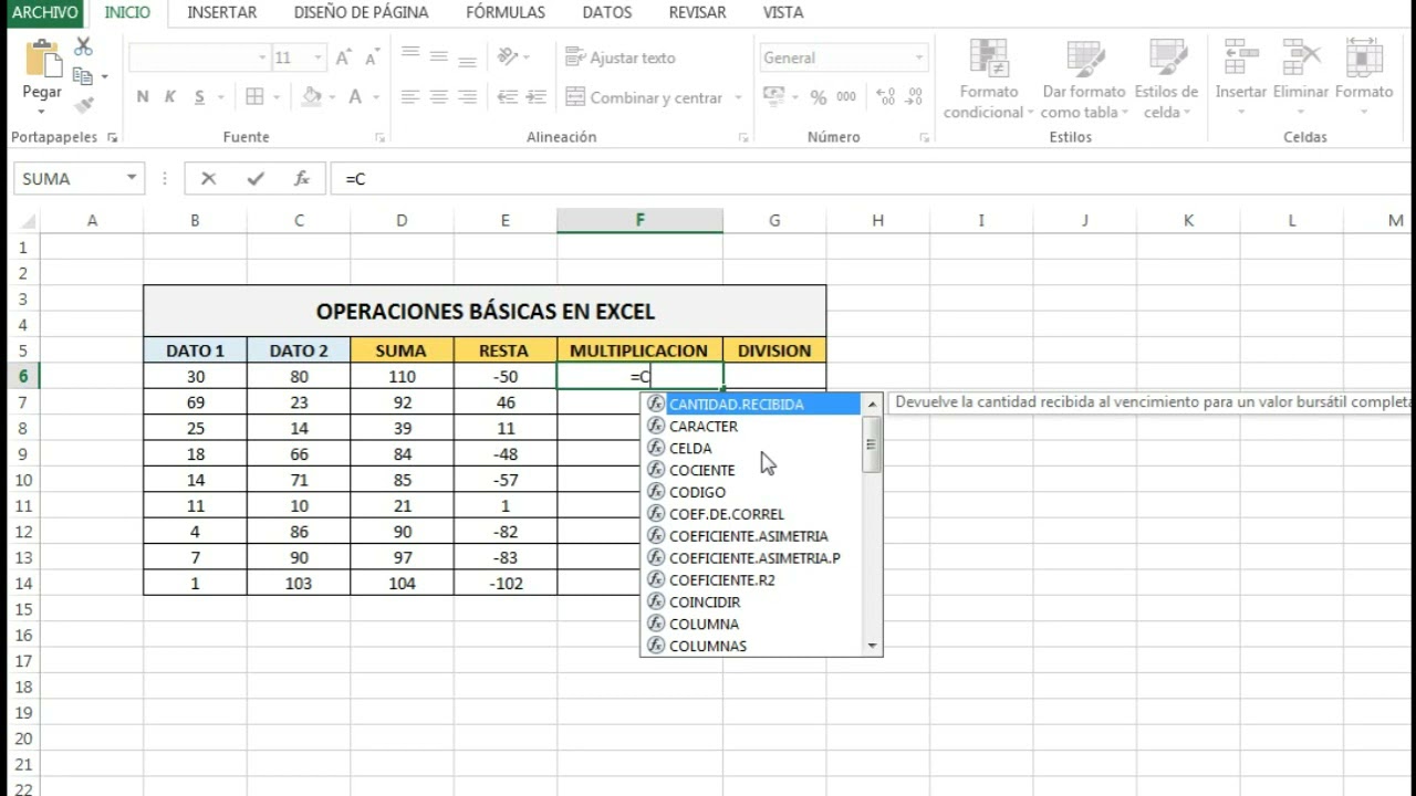 Como hacer operaciones básicas en excel - suma, resta, multiplicación y división