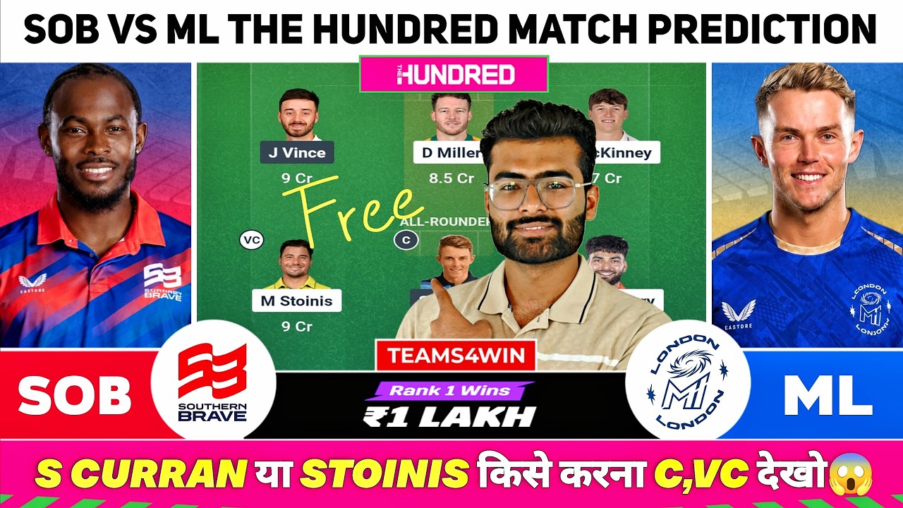 SOB vs ML Dream11 Team, SOB vs ML Dream11 Prediction, Southern Brave vs MI London The 100