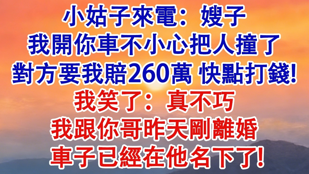 小姑子來電：嫂子，我開你車不小心把人撞了，對方要我賠260萬，快點打錢！我笑了：真不巧，我跟你哥昨天剛離婚，車子已經在他名下了。#婆媳 #家庭 #婚姻 #情感故事 #為人處世