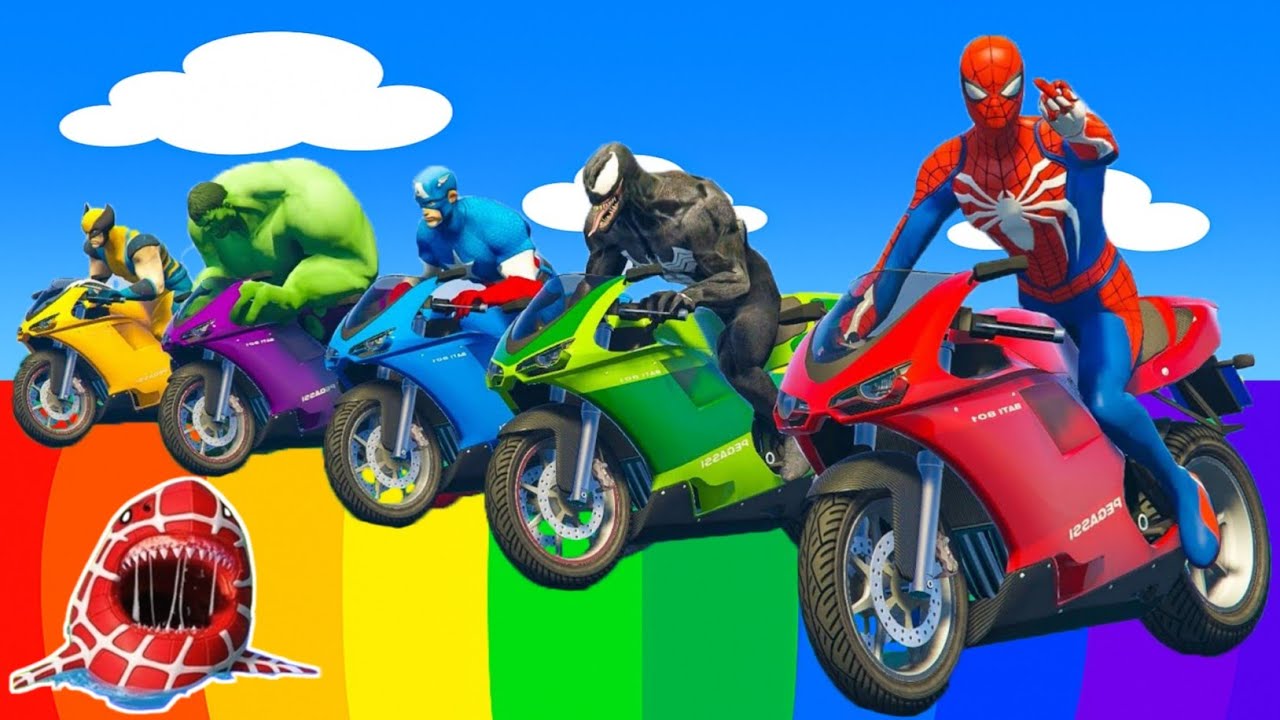 الأبطال الخارقين على القضبان دوامة قمع جسر 🎯🏍️ VERSICOLOR SPIDER MAN! on Motorcycle in Spiral Bri