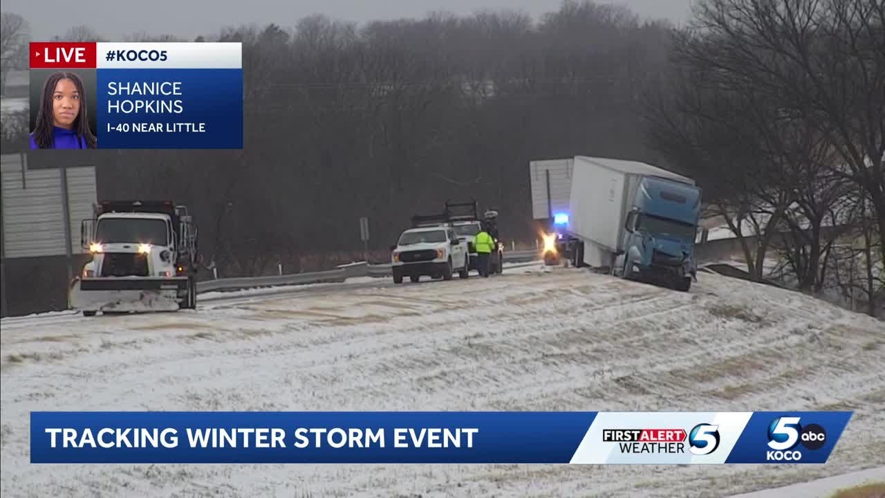 WATCH: Semi-trailer slides off side of road as snow causes slick conditions on I-40 near Little