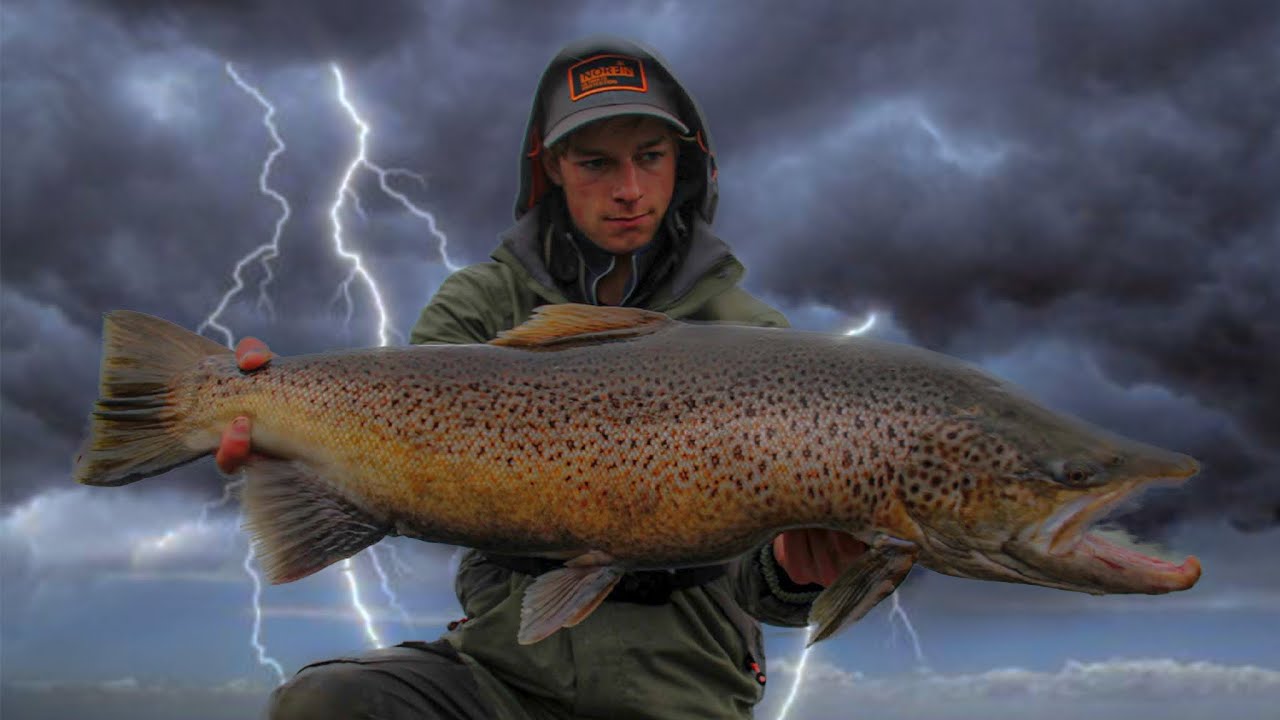 Fishing in an INSANE STORM for GIANT BROWN TROUT from SHORE - Milwaukee Harbor