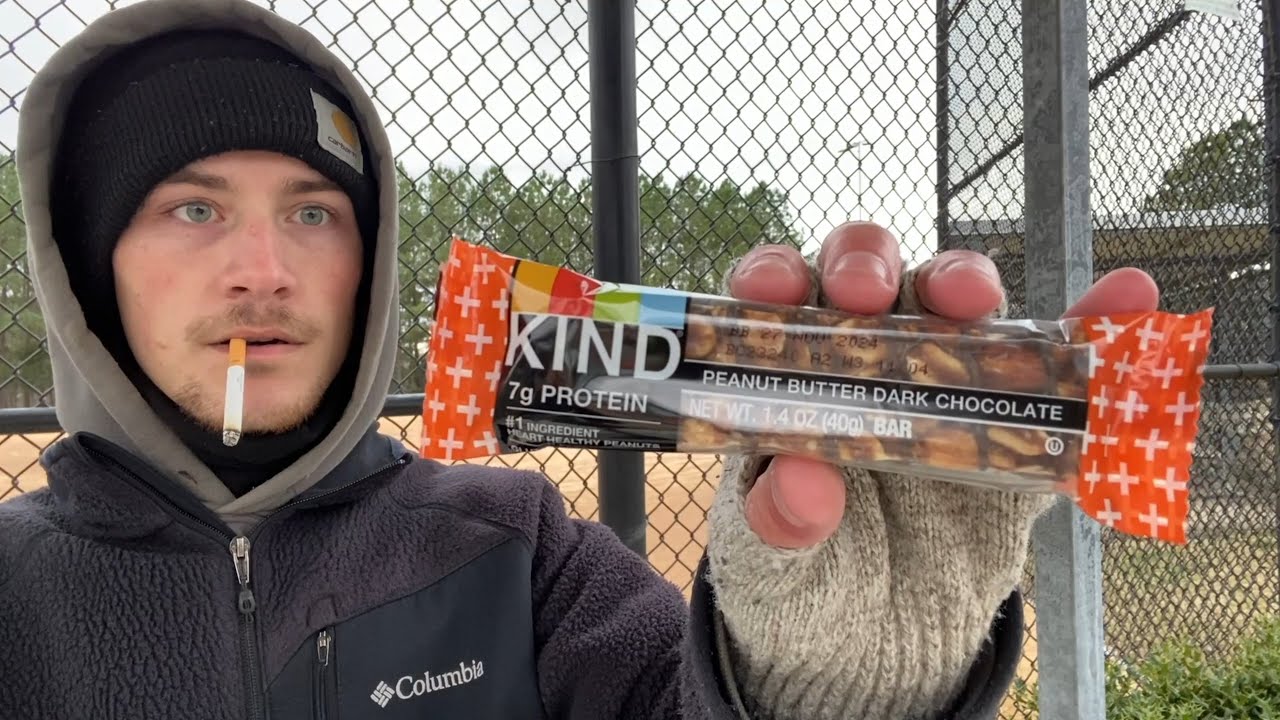 Smoking a Cigarette While Eating a Peanut Butter Dark Chocolate Kind Bar