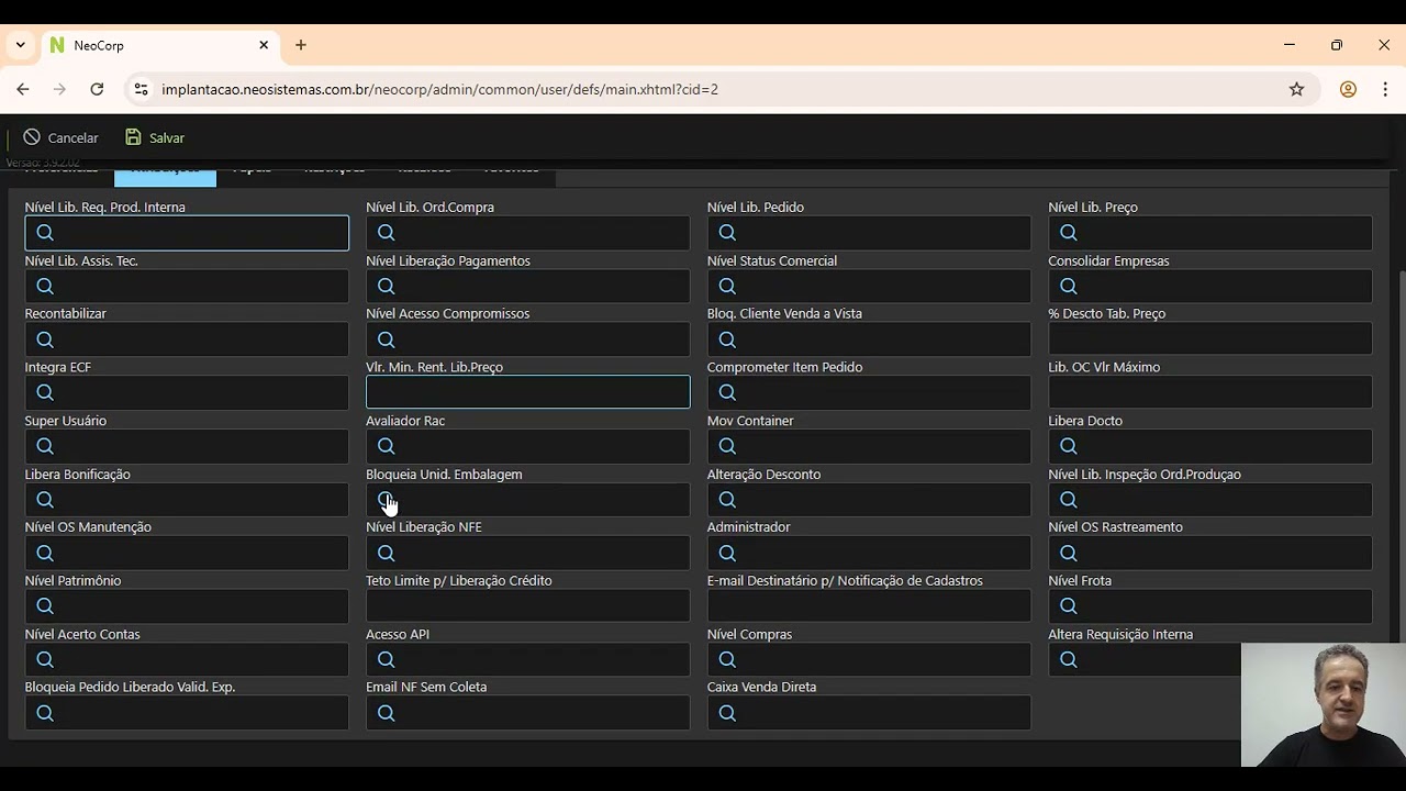 Cadastro de definições
