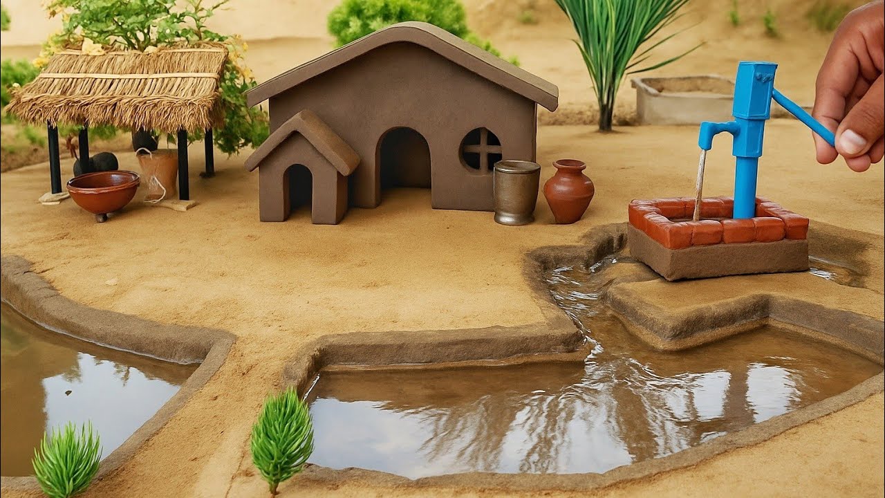 DIY how to make miniature village |hand pump working model | mini cow shed | tractor science project
