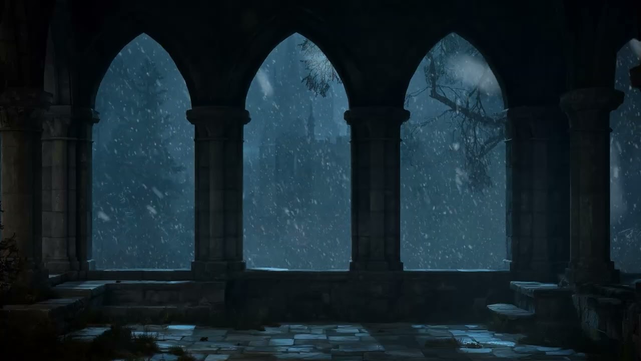 Harry Potter Hogwarts Winter View – Snowy Window Ambience with Gentle Wind Sounds