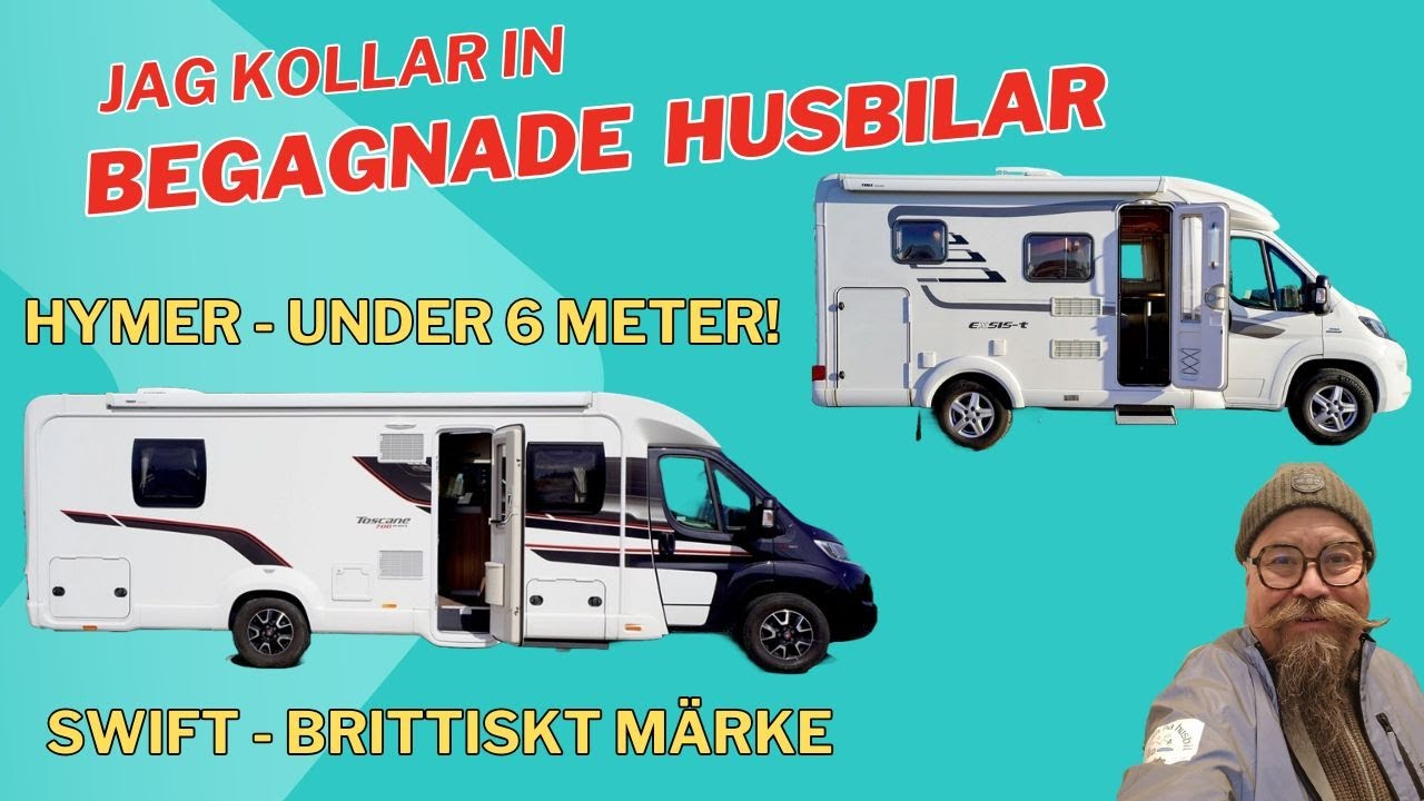 Kollar in begagnade husbilar. En Hymer under 6 meter! En engelsk byggd husbil, Swift på 8 meter.