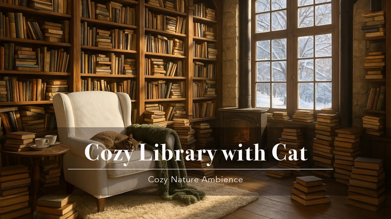 Cozy Winter Library LoFi 📖 | Chill LoFi Beats with Fireplace, Snow & Cat for Reading & Study